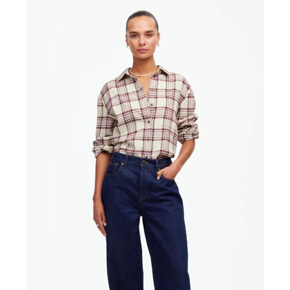 Madewell Relaxed Straight Hem Plaid Button Up Shirt Women’s S Beige Red‎ Flannel